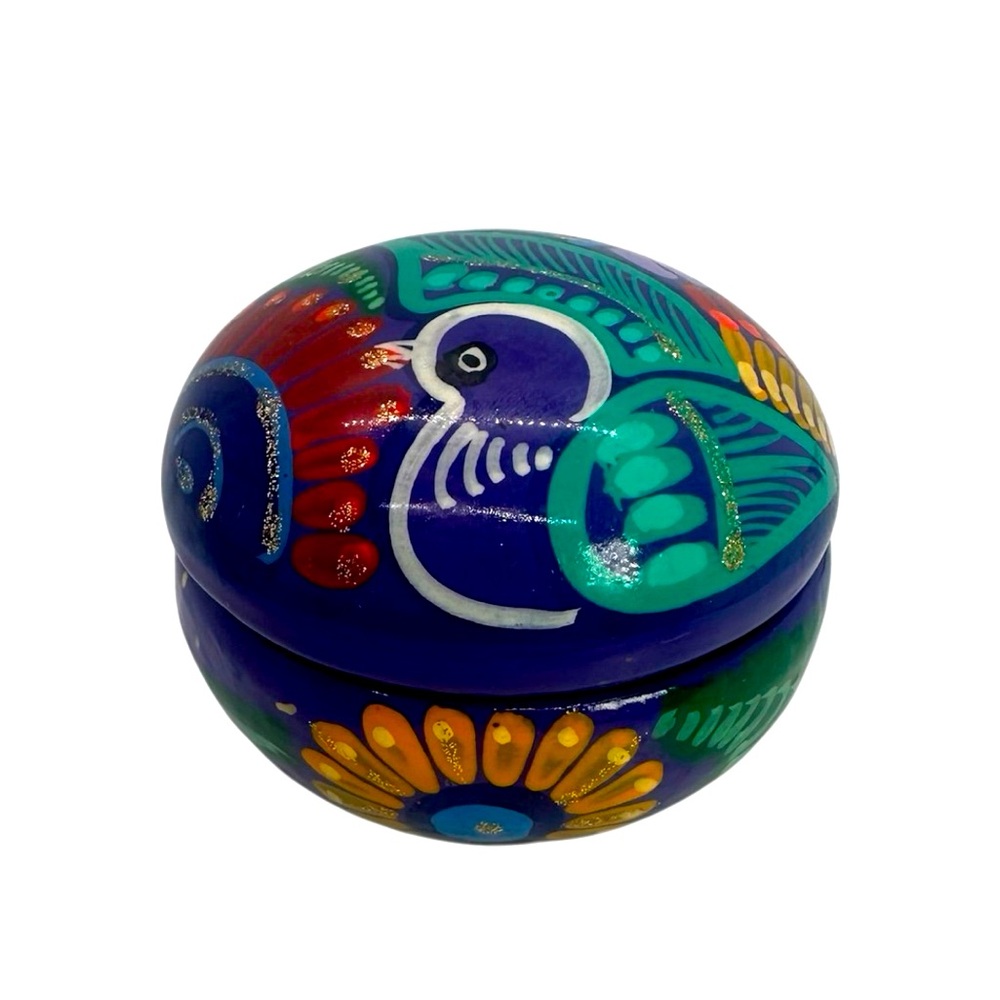 Mexican Folk Art Trinket Box Purple Bird GLITTER Hand Made Red Clay Pottery